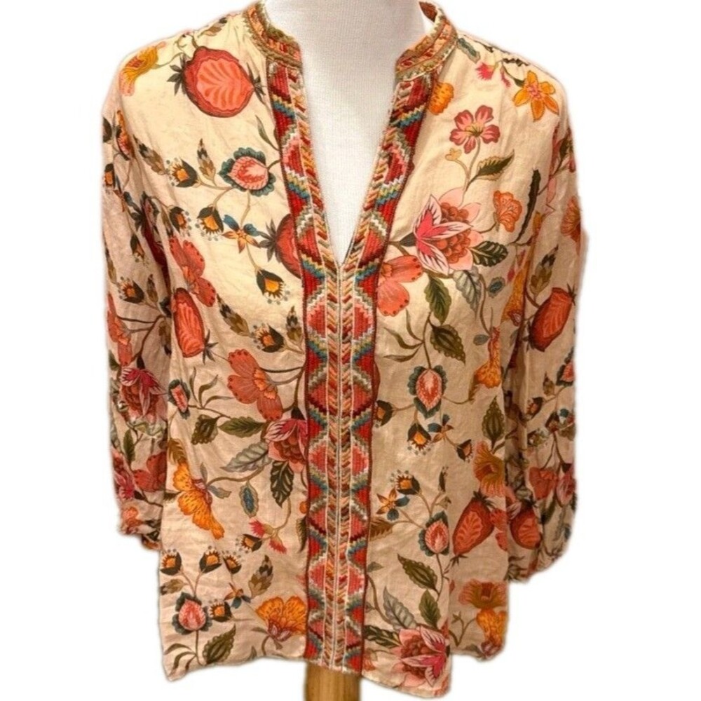 Johnny Was Workshop Floral Embroidered Split Neckline Boho Festival Style Tunic
